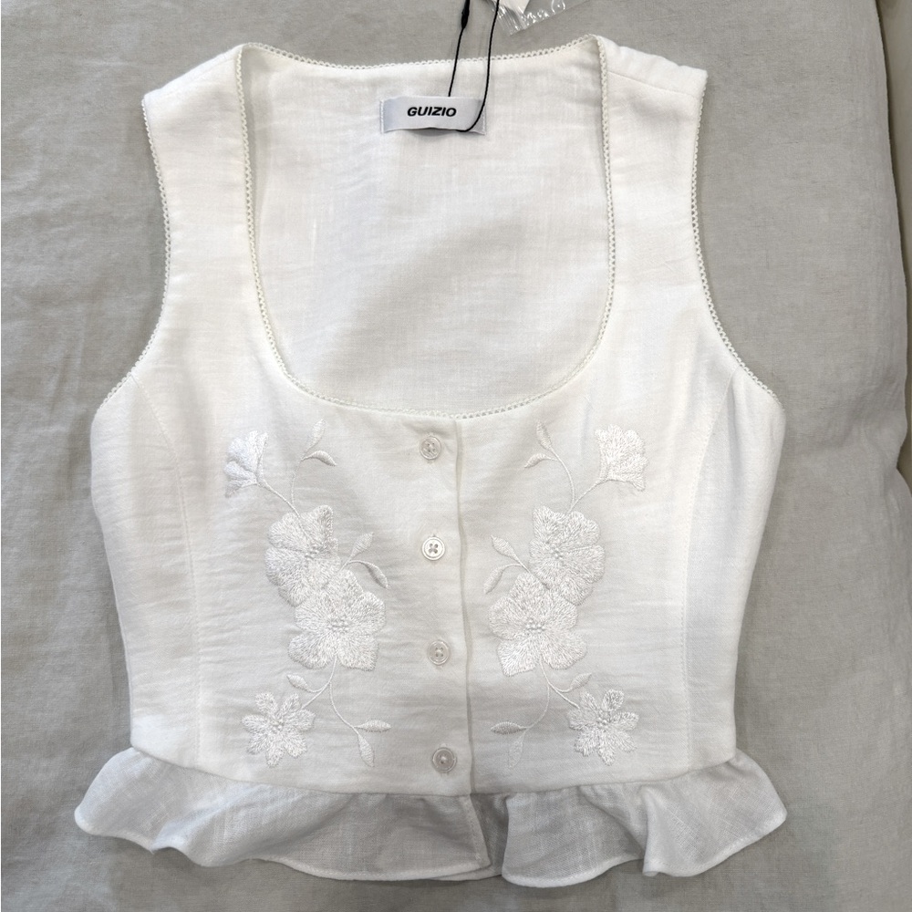 NWT Danielle Guizio White Embroidered Scallop Vest Top XXS